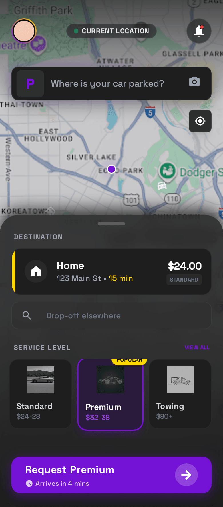 VALET app screen: request a ride and choose your service level