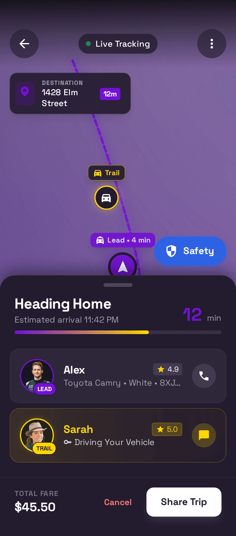 VALET app screen: live tracking with two drivers — a lead driver and a trail driver